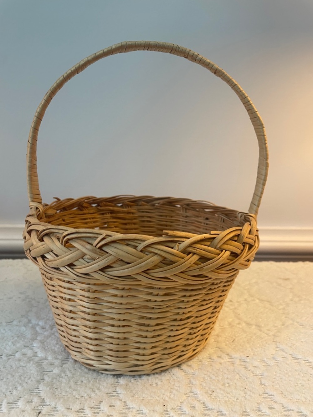 Woven Natural Rattan Basket with Handle - Neutral Tan vintage
